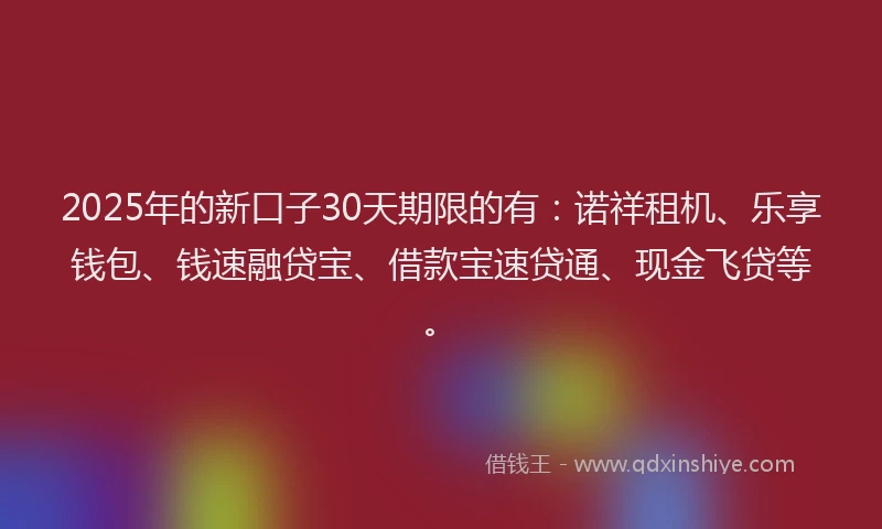 2025年的新口子30天期限的有：诺祥租机、乐享钱包、钱速融贷宝、借款宝速贷通、现金飞贷等。