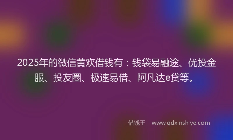 2025年的微信黄欢借钱有：钱袋易融途、优投金服、投友圈、极速易借、阿凡达e贷等。