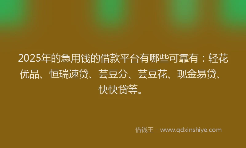 2025年的急用钱的借款平台有哪些可靠有：轻花优品、恒瑞速贷、芸豆分、芸豆花、现金易贷、快快贷等。