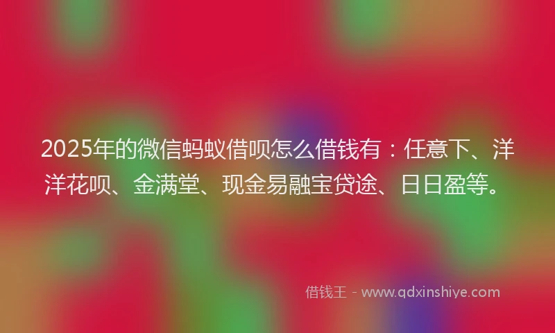 2025年的微信蚂蚁借呗怎么借钱有：任意下、洋洋花呗、金满堂、现金易融宝贷途、日日盈等。