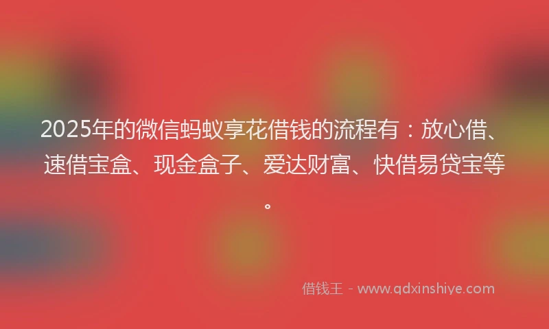2025年的微信蚂蚁享花借钱的流程有：放心借、速借宝盒、现金盒子、爱达财富、快借易贷宝等。