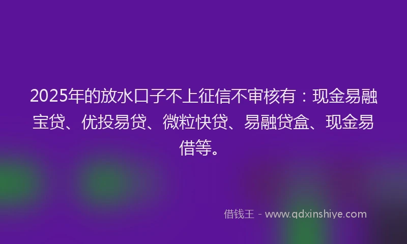 2025年的放水口子不上征信不审核有：现金易融宝贷、优投易贷、微粒快贷、易融贷盒、现金易借等。