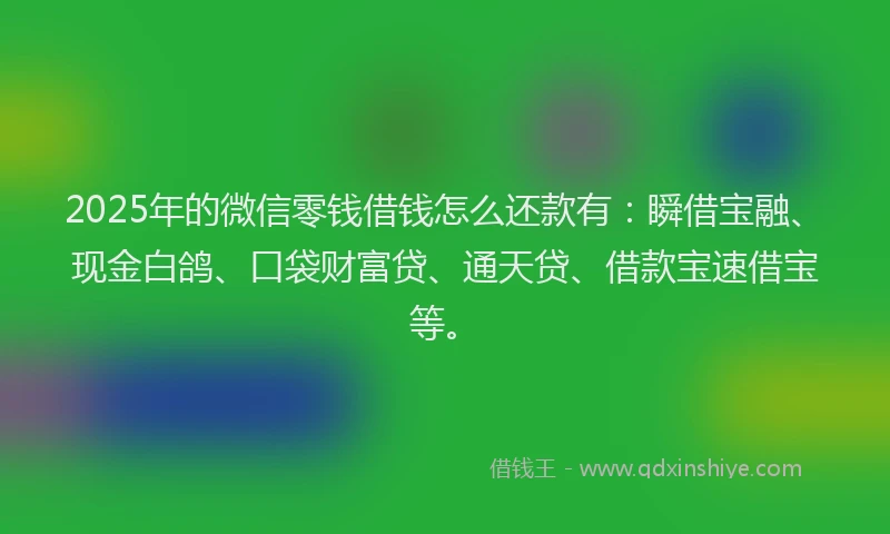 2025年的微信零钱借钱怎么还款有：瞬借宝融、现金白鸽、口袋财富贷、通天贷、借款宝速借宝等。
