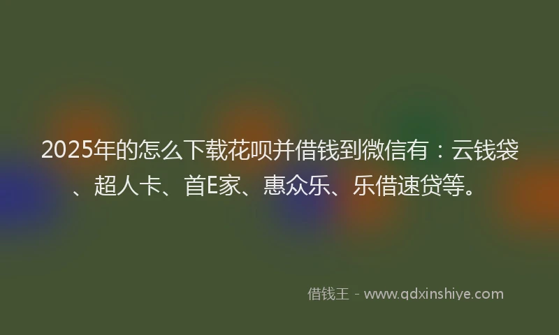 2025年的怎么下载花呗并借钱到微信有：云钱袋、超人卡、首E家、惠众乐、乐借速贷等。