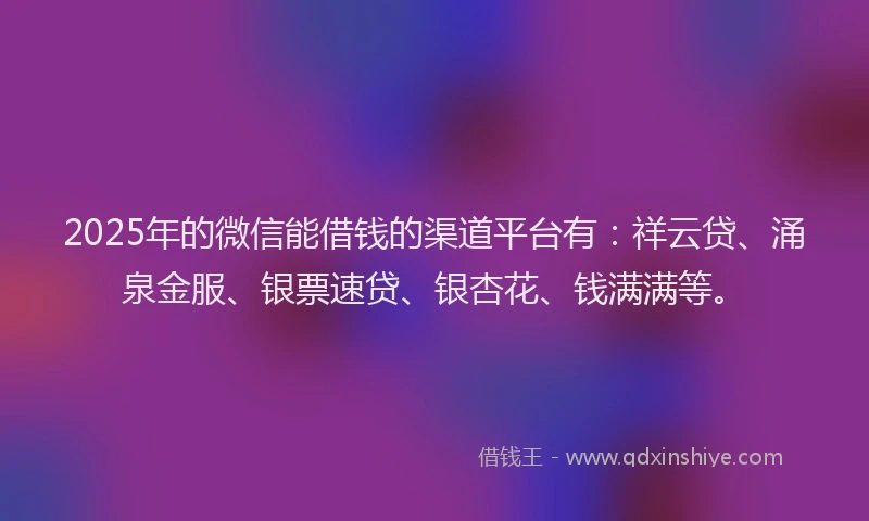2025年的微信能借钱的渠道平台有：祥云贷、涌泉金服、银票速贷、银杏花、钱满满等。