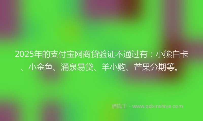 2025年的支付宝网商贷验证不通过有：小熊白卡、小金鱼、涌泉易贷、羊小购、芒果分期等。