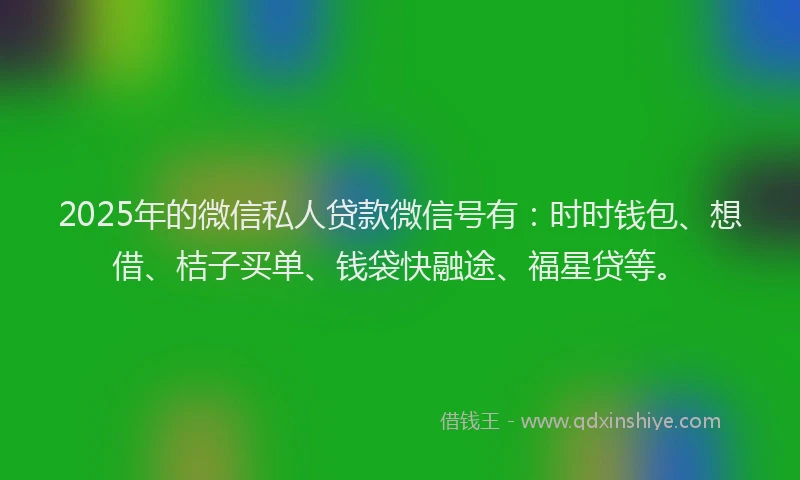 2025年的微信私人贷款微信号有：时时钱包、想借、桔子买单、钱袋快融途、福星贷等。