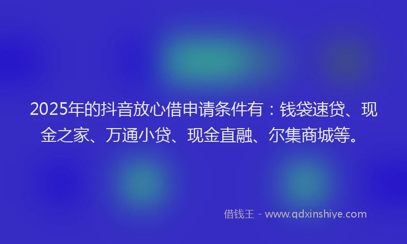 2025年的抖音放心借申请条件有：钱袋速贷、现金之家、万通小贷、现金直融、尔集商城等。