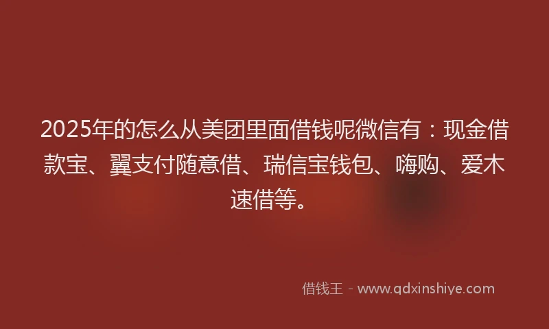 2025年的怎么从美团里面借钱呢微信有：现金借款宝、翼支付随意借、瑞信宝钱包、嗨购、爱木速借等。