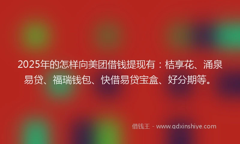 2025年的怎样向美团借钱提现有：桔享花、涌泉易贷、福瑞钱包、快借易贷宝盒、好分期等。