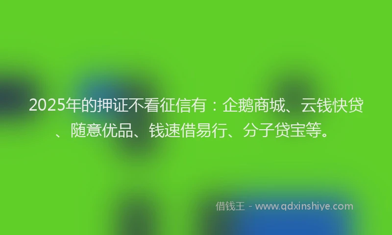 2025年的押证不看征信有：企鹅商城、云钱快贷、随意优品、钱速借易行、分子贷宝等。