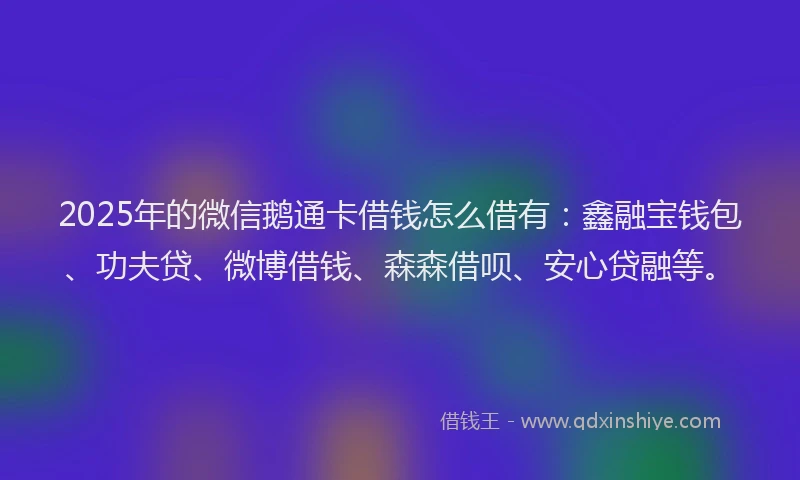 2025年的微信鹅通卡借钱怎么借有：鑫融宝钱包、功夫贷、微博借钱、森森借呗、安心贷融等。
