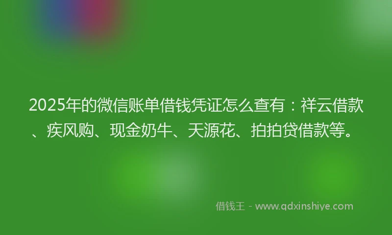 2025年的微信账单借钱凭证怎么查有：祥云借款、疾风购、现金奶牛、天源花、拍拍贷借款等。