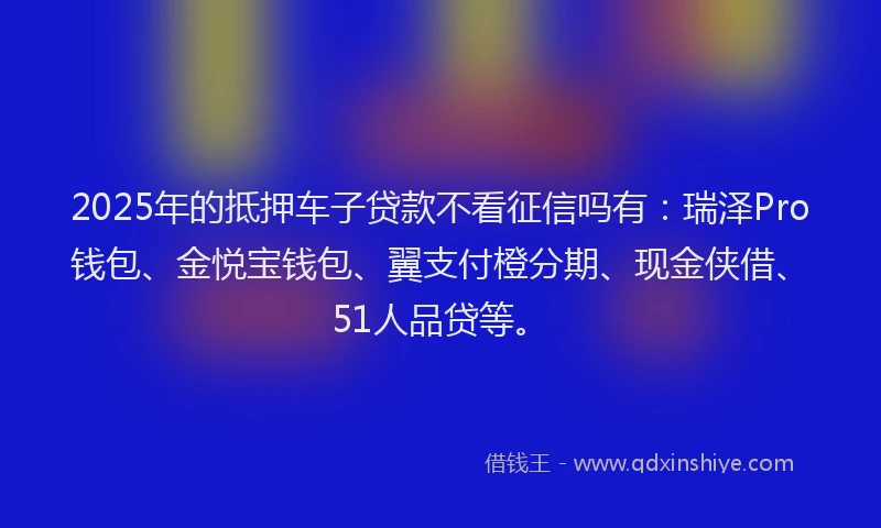 2025年的抵押车子贷款不看征信吗有：瑞泽Pro钱包、金悦宝钱包、翼支付橙分期、现金侠借、51人品贷等。