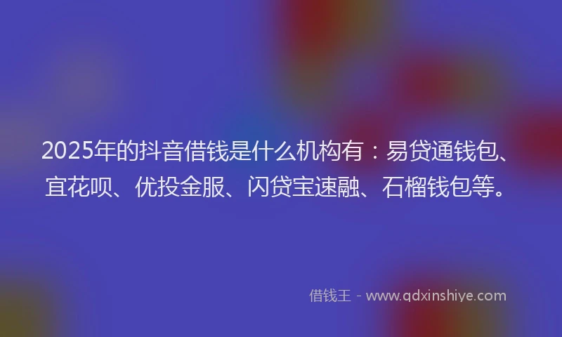 2025年的抖音借钱是什么机构有：易贷通钱包、宜花呗、优投金服、闪贷宝速融、石榴钱包等。