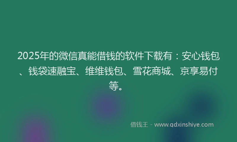 2025年的微信真能借钱的软件下载有：安心钱包、钱袋速融宝、维维钱包、雪花商城、京享易付等。