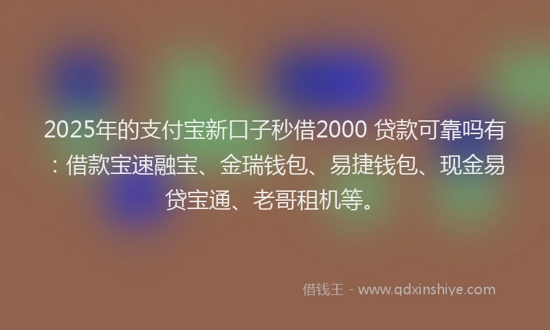 2025年的支付宝新口子秒借2000 贷款可靠吗有：借款宝速融宝、金瑞钱包、易捷钱包、现金易贷宝通、老哥租机等。