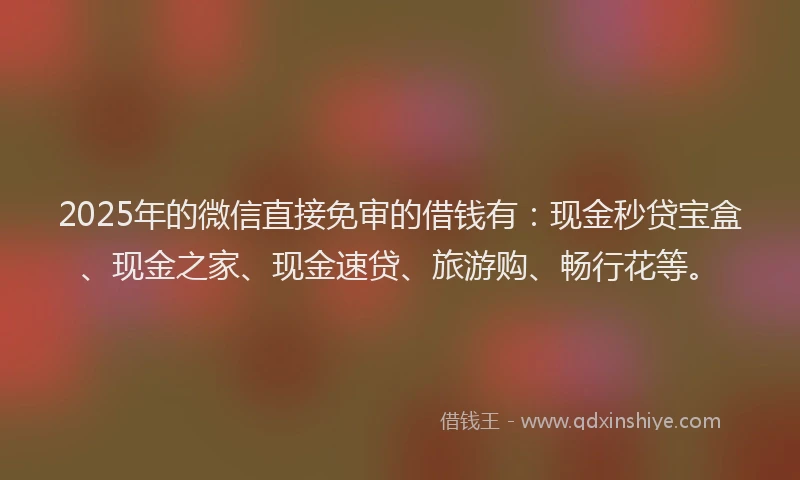 2025年的微信直接免审的借钱有：现金秒贷宝盒、现金之家、现金速贷、旅游购、畅行花等。