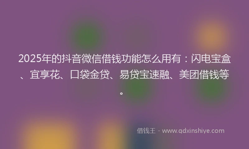 2025年的抖音微信借钱功能怎么用有：闪电宝盒、宜享花、口袋金贷、易贷宝速融、美团借钱等。