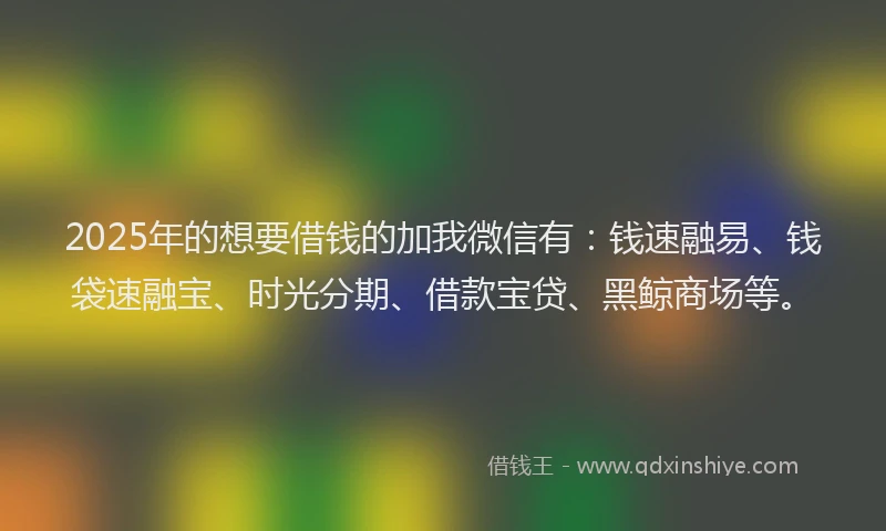 2025年的想要借钱的加我微信有：钱速融易、钱袋速融宝、时光分期、借款宝贷、黑鲸商场等。
