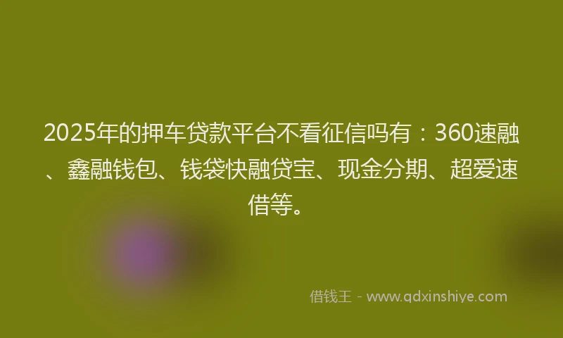 2025年的押车贷款平台不看征信吗有：360速融、鑫融钱包、钱袋快融贷宝、现金分期、超爱速借等。