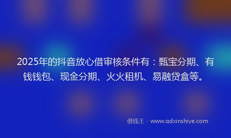 2025年的抖音放心借审核条件有：甄宝分期、有钱钱包、现金分期、火火租机、易融贷盒等。