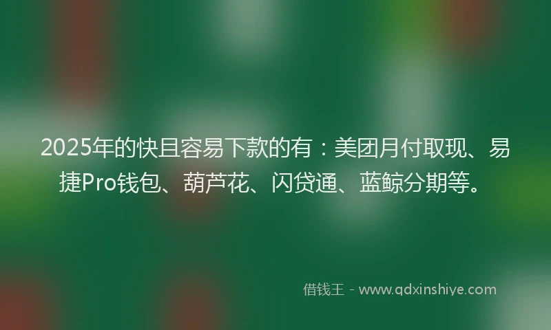 2025年的快且容易下款的有：美团月付取现、易捷Pro钱包、葫芦花、闪贷通、蓝鲸分期等。