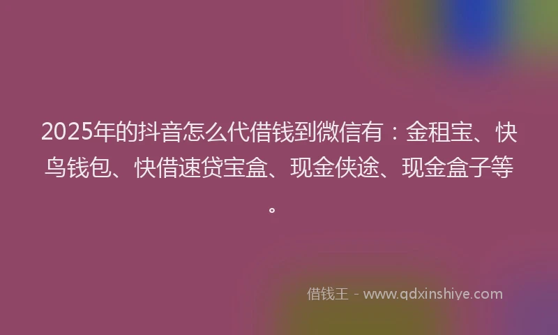 2025年的抖音怎么代借钱到微信有：金租宝、快鸟钱包、快借速贷宝盒、现金侠途、现金盒子等。