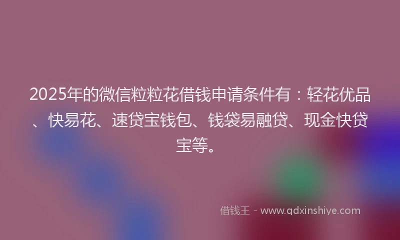 2025年的微信粒粒花借钱申请条件有：轻花优品、快易花、速贷宝钱包、钱袋易融贷、现金快贷宝等。