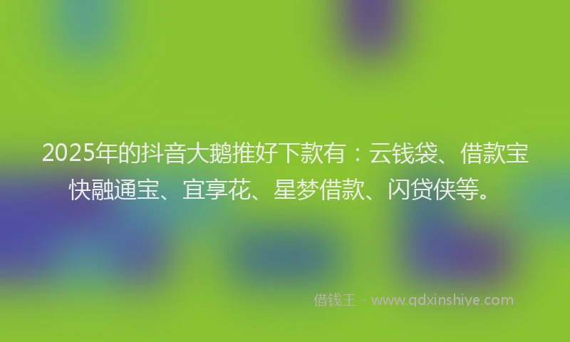 2025年的抖音大鹅推好下款有：云钱袋、借款宝快融通宝、宜享花、星梦借款、闪贷侠等。