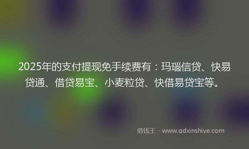 2025年的支付提现免手续费有：玛瑙信贷、快易贷通、借贷易宝、小麦粒贷、快借易贷宝等。