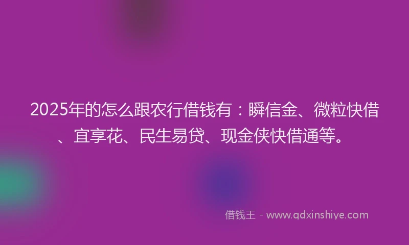 2025年的怎么跟农行借钱有：瞬信金、微粒快借、宜享花、民生易贷、现金侠快借通等。