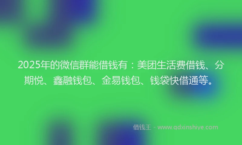 2025年的微信群能借钱有：美团生活费借钱、分期悦、鑫融钱包、金易钱包、钱袋快借通等。