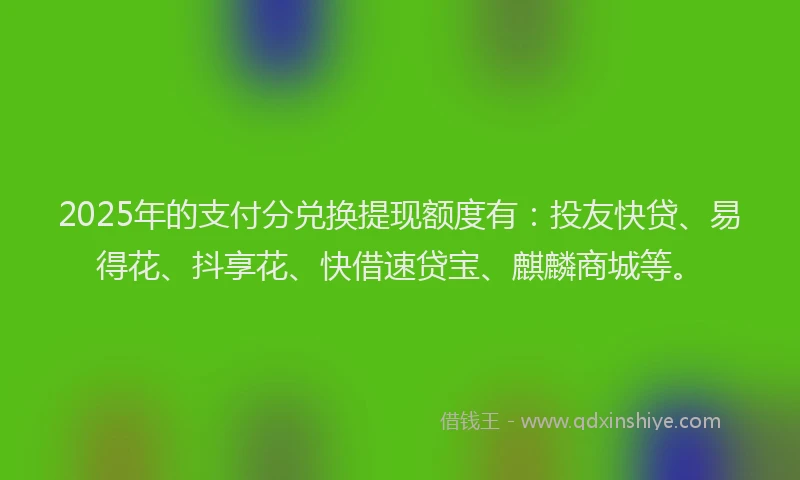 2025年的支付分兑换提现额度有：投友快贷、易得花、抖享花、快借速贷宝、麒麟商城等。