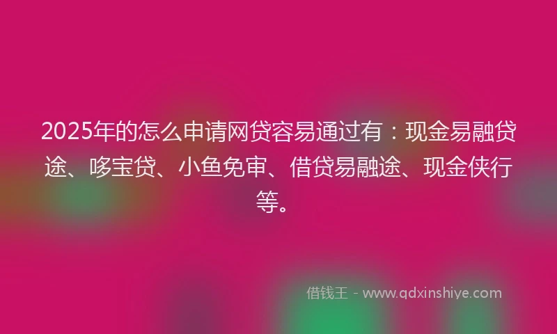 2025年的怎么申请网贷容易通过有：现金易融贷途、哆宝贷、小鱼免审、借贷易融途、现金侠行等。