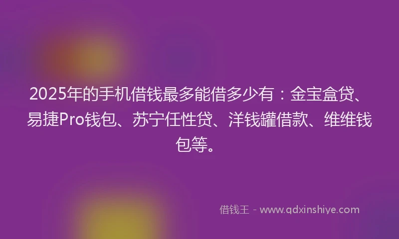 2025年的手机借钱最多能借多少有：金宝盒贷、易捷Pro钱包、苏宁任性贷、洋钱罐借款、维维钱包等。