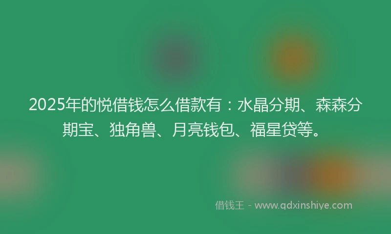2025年的悦借钱怎么借款有：水晶分期、森森分期宝、独角兽、月亮钱包、福星贷等。