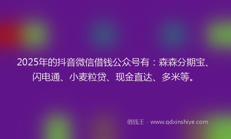 2025年的抖音微信借钱公众号有：森森分期宝、闪电通、小麦粒贷、现金直达、多米等。