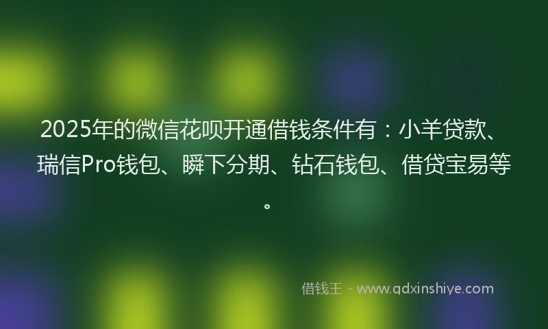 2025年的微信花呗开通借钱条件有：小羊贷款、瑞信Pro钱包、瞬下分期、钻石钱包、借贷宝易等。