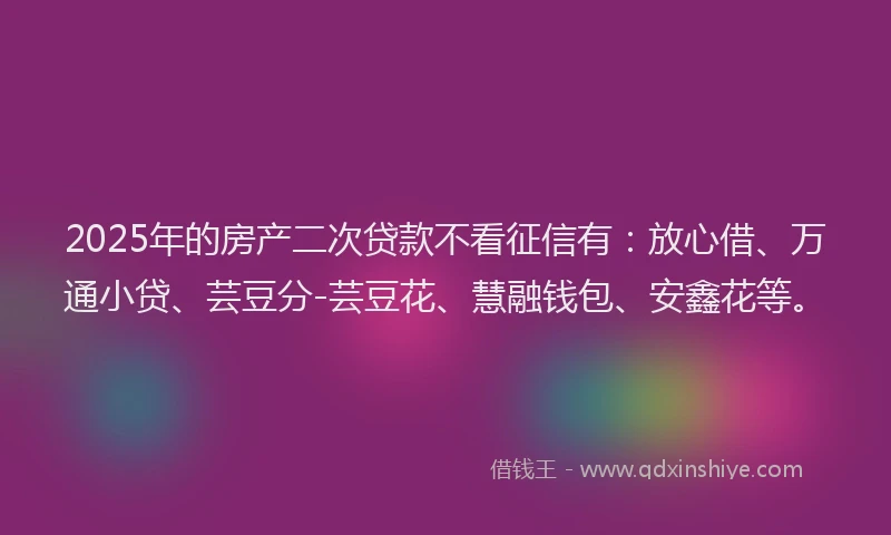 2025年的房产二次贷款不看征信有：放心借、万通小贷、芸豆分-芸豆花、慧融钱包、安鑫花等。