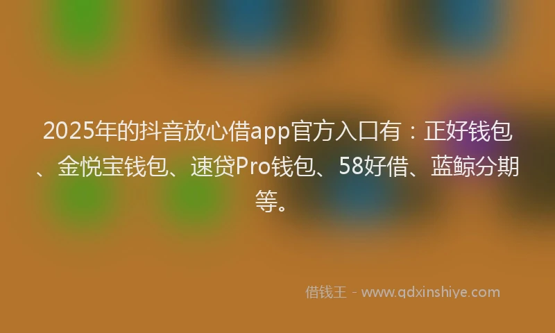 2025年的抖音放心借app官方入口有：正好钱包、金悦宝钱包、速贷Pro钱包、58好借、蓝鲸分期等。