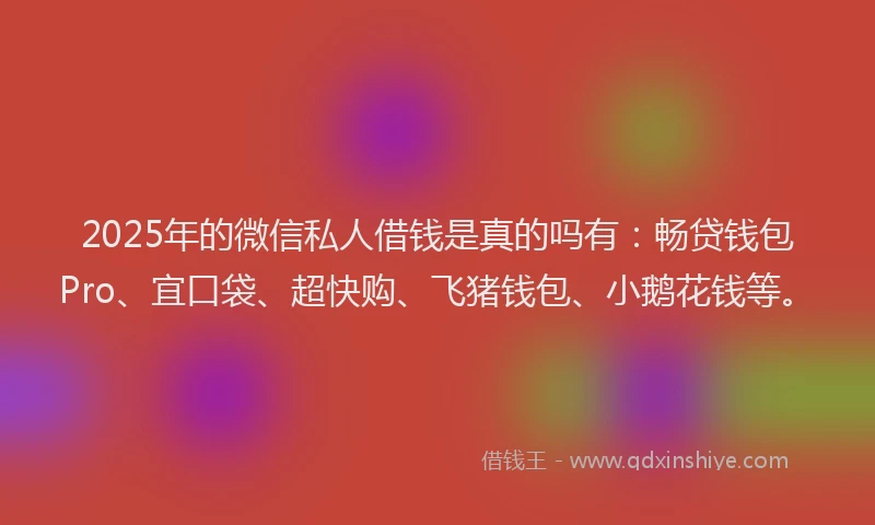 2025年的微信私人借钱是真的吗有：畅贷钱包Pro、宜口袋、超快购、飞猪钱包、小鹅花钱等。