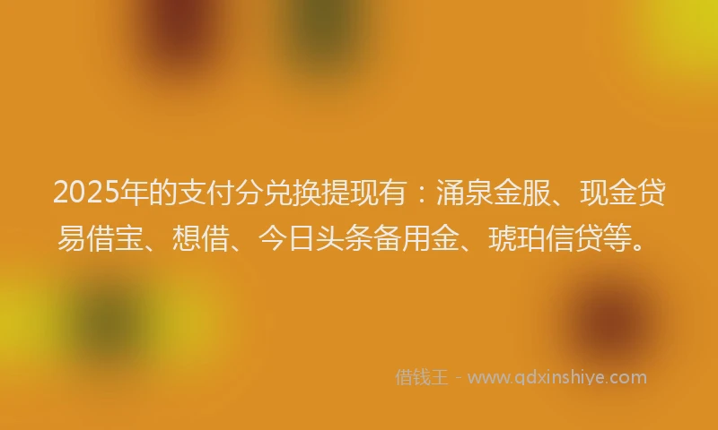 2025年的支付分兑换提现有：涌泉金服、现金贷易借宝、想借、今日头条备用金、琥珀信贷等。