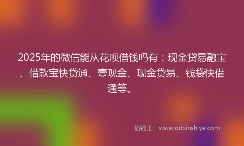 2025年的微信能从花呗借钱吗有：现金贷易融宝、借款宝快贷通、壹现金、现金贷易、钱袋快借通等。