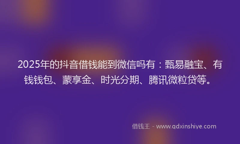 2025年的抖音借钱能到微信吗有：甄易融宝、有钱钱包、蒙享金、时光分期、腾讯微粒贷等。