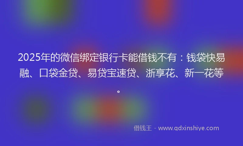 2025年的微信绑定银行卡能借钱不有：钱袋快易融、口袋金贷、易贷宝速贷、浙享花、新一花等。