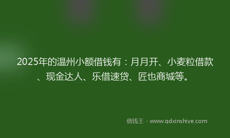 2025年的温州小额借钱有：月月开、小麦粒借款、现金达人、乐借速贷、匠也商城等。