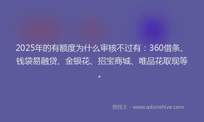 2025年的有额度为什么审核不过有：360借条、钱袋易融贷、金银花、招宝商城、唯品花取现等。