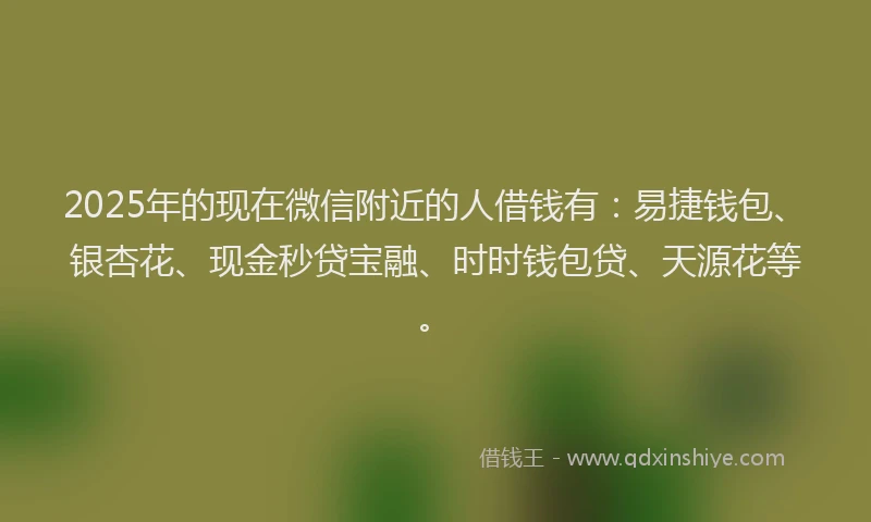 2025年的现在微信附近的人借钱有：易捷钱包、银杏花、现金秒贷宝融、时时钱包贷、天源花等。