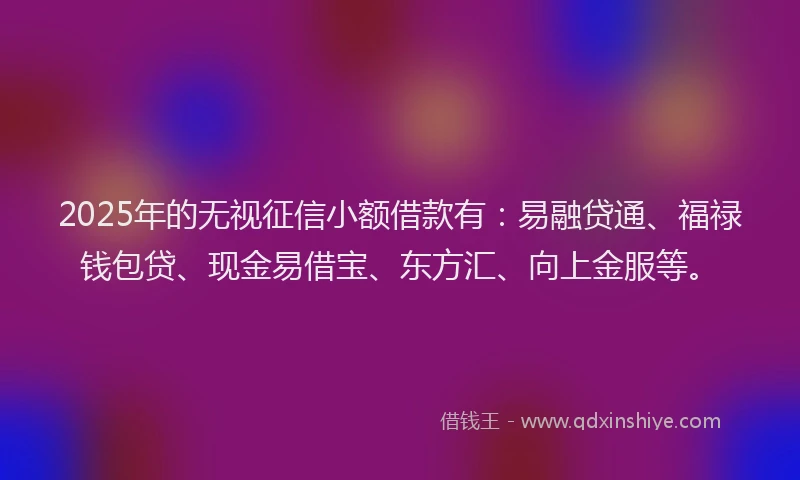 2025年的无视征信小额借款有：易融贷通、福禄钱包贷、现金易借宝、东方汇、向上金服等。